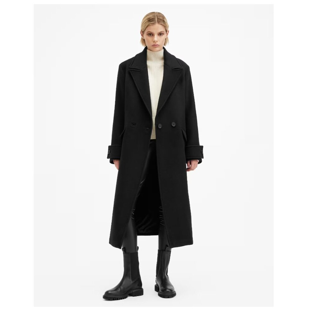 Allsaints Mabel Double Breasted Black Wool Blend Coat Size 6 NWT